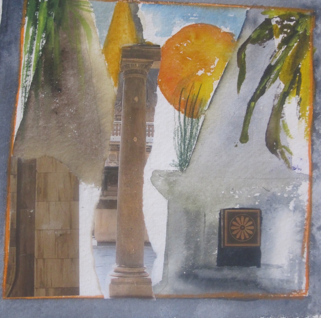Sunshine, white buildings, painting by Sarah